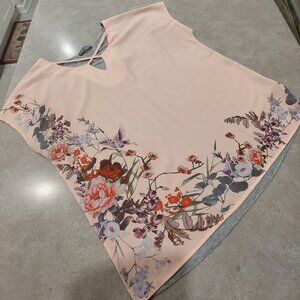 SUZY SHIER Pink Front w/Floral Print & Criss Cross on Chest Grey Knit Back - LGE